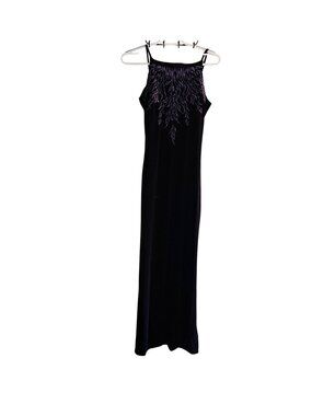 Rare VTG 90s Y2K Deep Purple Velvet Flames Bodycon Maxi Dress M whimsygoth USA